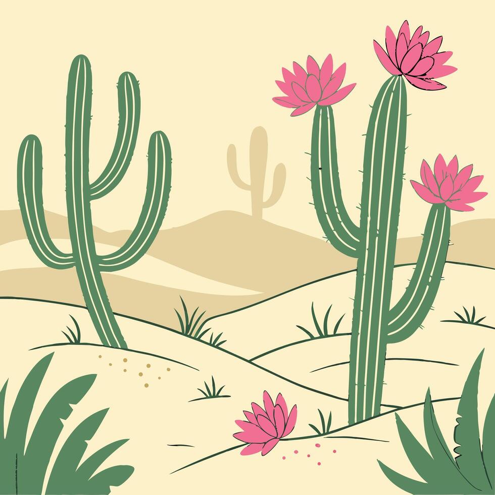 Seamless pattern of watercolor cacti with pink flowers, light sandy background, desert vibe vector