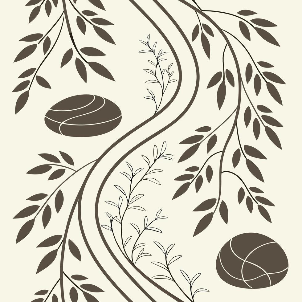 Zen garden-inspired seamless pattern with flowing vines and stones, calm earthy tones vector