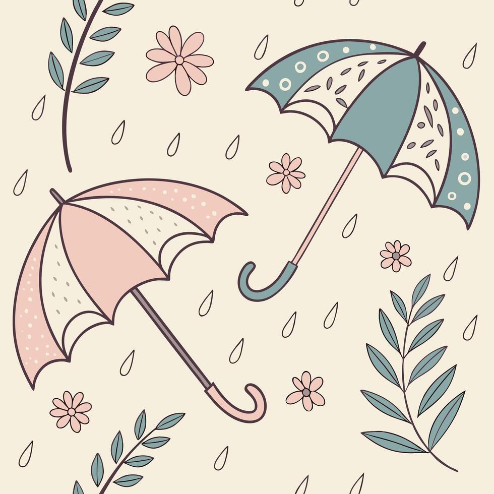 Seamless pattern of rainy day with umbrella and floral elements blending together vector