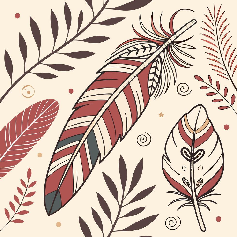 Seamless boho foliage pattern with hand-painted feathers, branches, and wild leaves, earthy color palette, tribal vibe vector