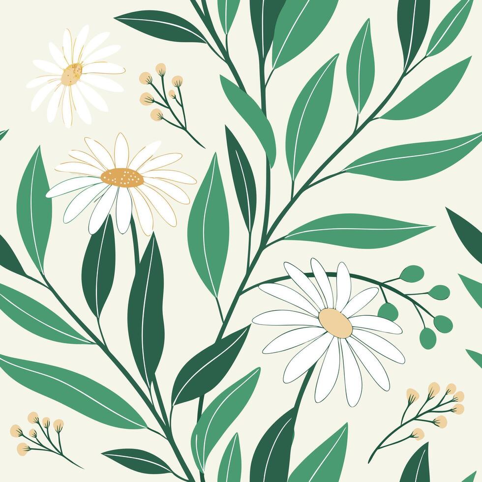 Greenery and Daisies Seamless Spring Background vector