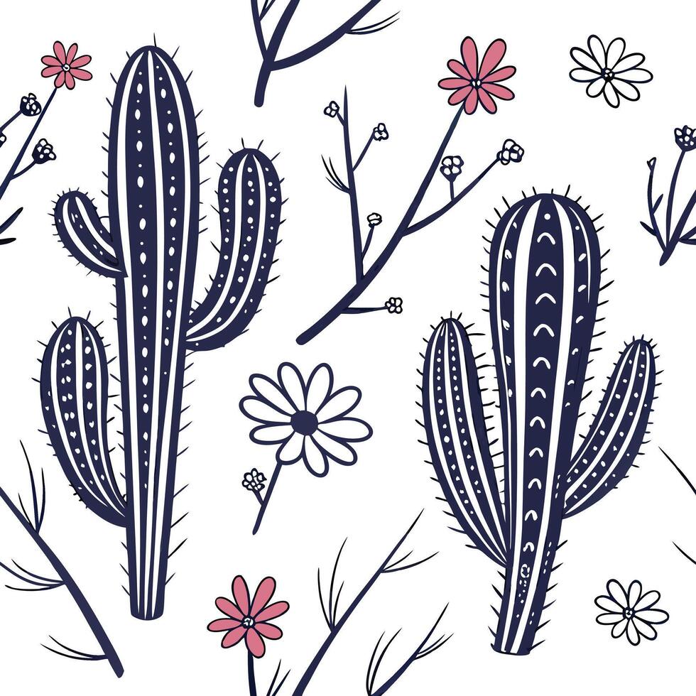 Hand-drawn seamless cactus pattern with small wildflowers, sketchy ink style, white background vector