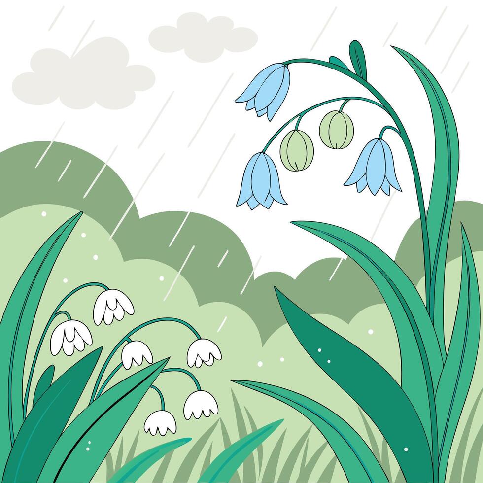 Rainy Season Seamless Pattern with Wildflowers Grass and Water Droplets vector