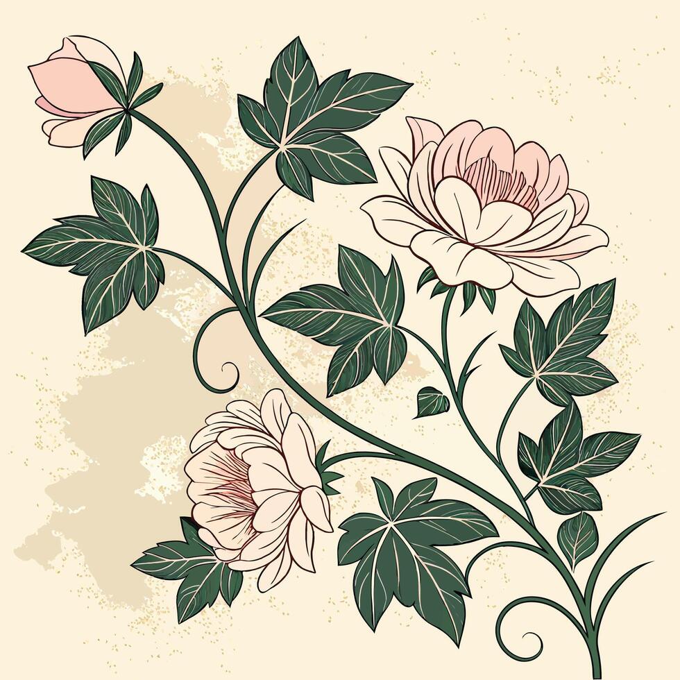 Vintage floral seamless pattern with peonies and magnolia flowers, dusty rose and cream tones, aged paper vector