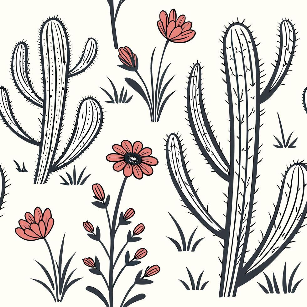 Hand drawn seamless cactus pattern with small wildflowers, sketchy ink style, white background vector