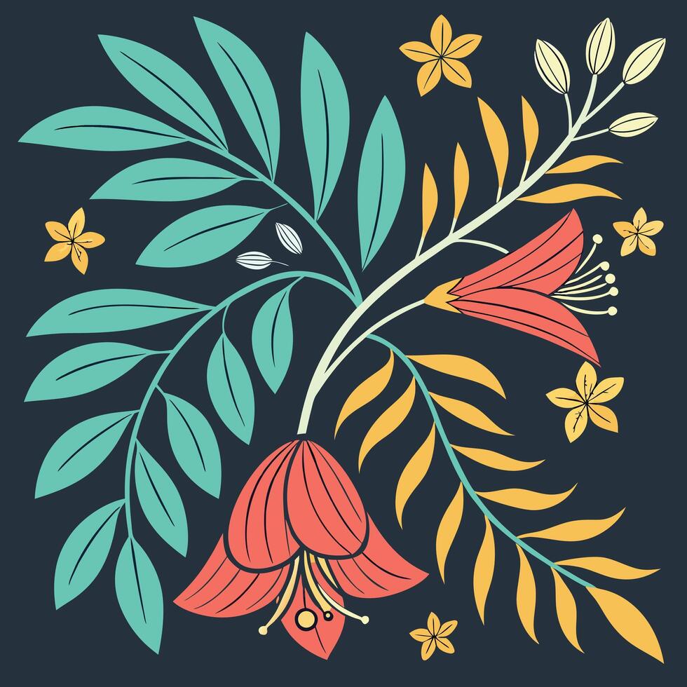 Stylized folk style floral and leaf pattern, bold colors on dark background vector