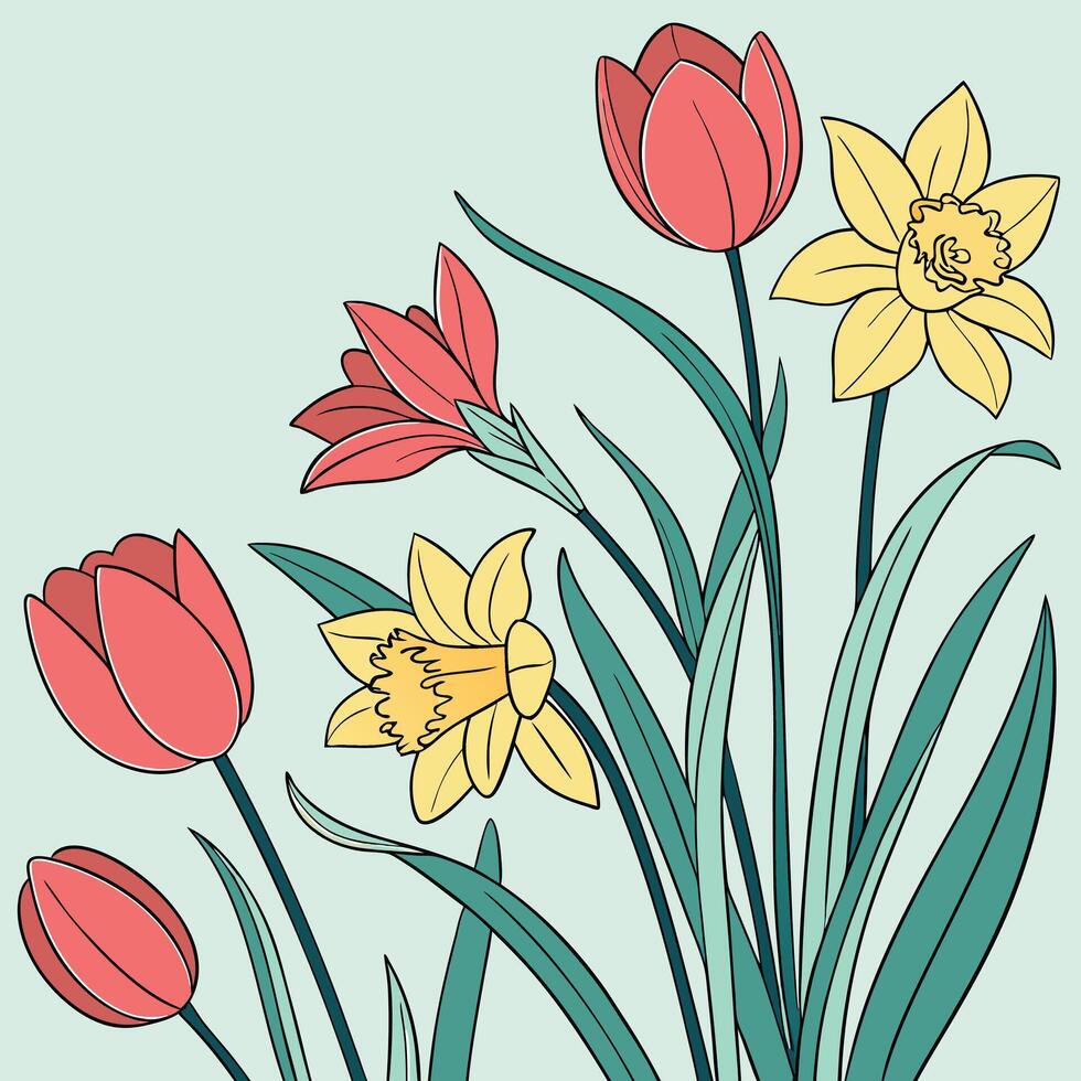 Hand-painted tulips and daffodils pattern, light sky blue background, joyful spring vibe vector