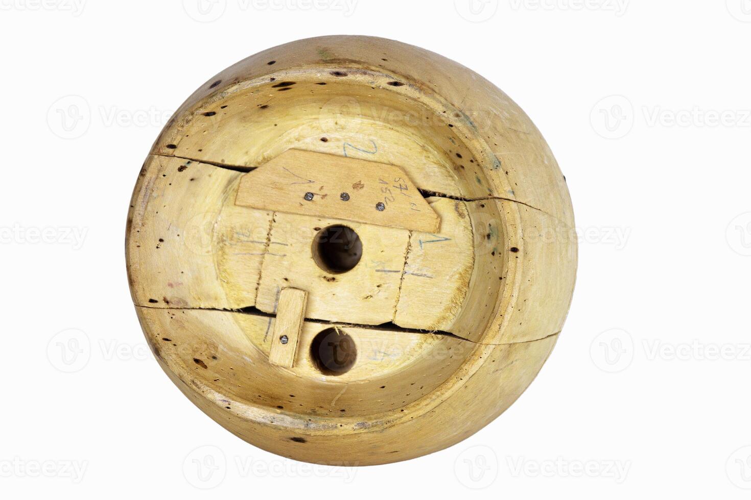 Antique millinery form for shaping pork pie hats. Vintage wooden block used in hat making. Craftsmanship, old professions, artisan work concept. Isolated on white background. Copy space 04 photo