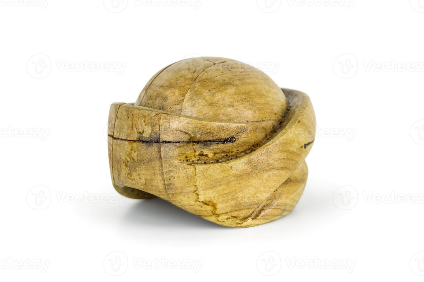 Antique millinery form for shaping turban hats. Vintage wooden block used in hat making. Craftsmanship, old professions, artisan work concept. Isolated on white background. Copy space 13 photo