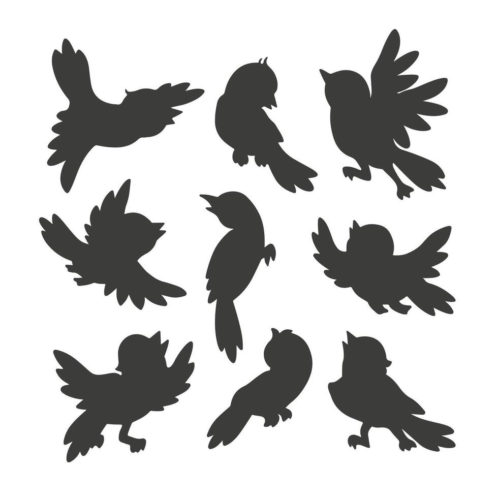 Birds. Set of black isolated hand drawn silhouettes of cartoon birds flying, sitting, chirping, with spread and folded wings. Graphic elements from Signs of Spring collection for nature design vector