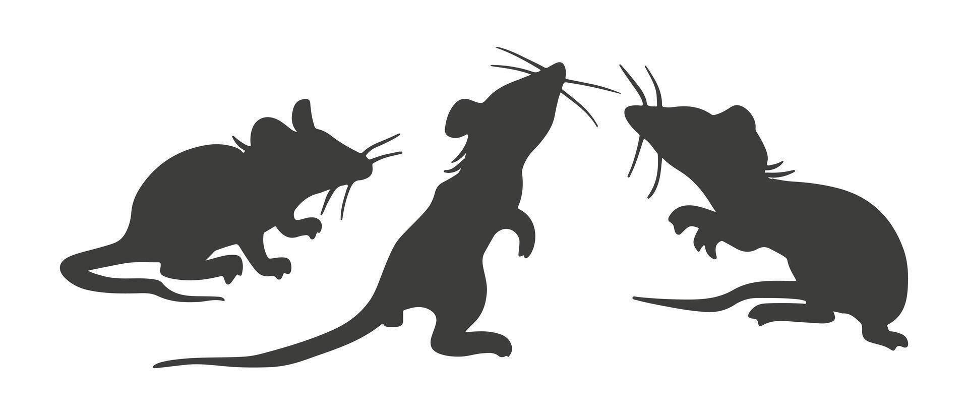 Mouse. Set of black isolated rats hand drawn spot silhouettes in different poses, emotions and movements. Contour free hand sketch of rodents for coloring books, postcards, printing vector