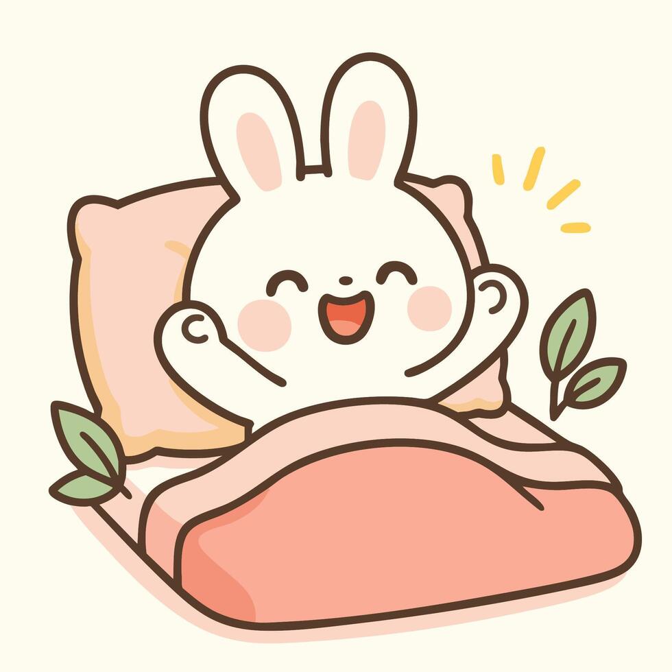 cute cartoon bunny is happily waking up in bed with big smile, surrounded by soft pillows and cozy blanket. This cheerful scene captures joy of peaceful morning vector