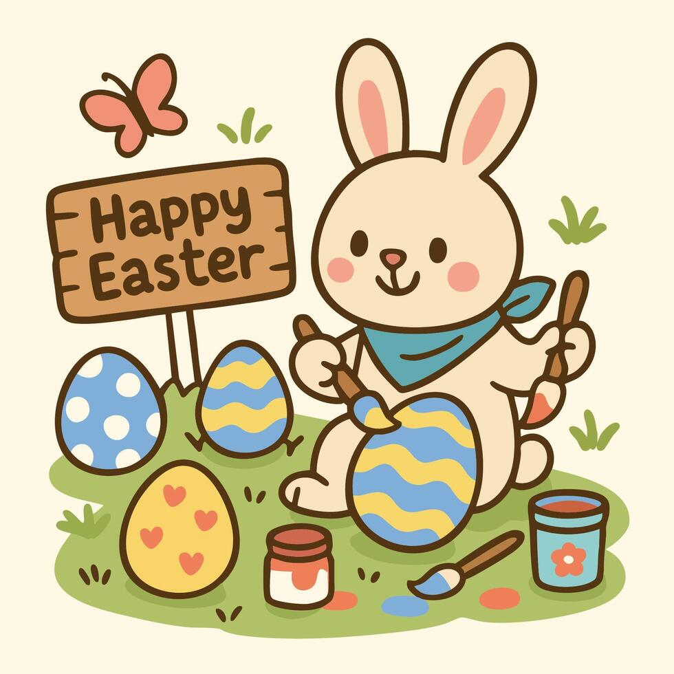 Happy Easter This cheerful bunny is painting colorful eggs in vibrant garden setting, celebrating joy of Easter day with creativity and fun vector