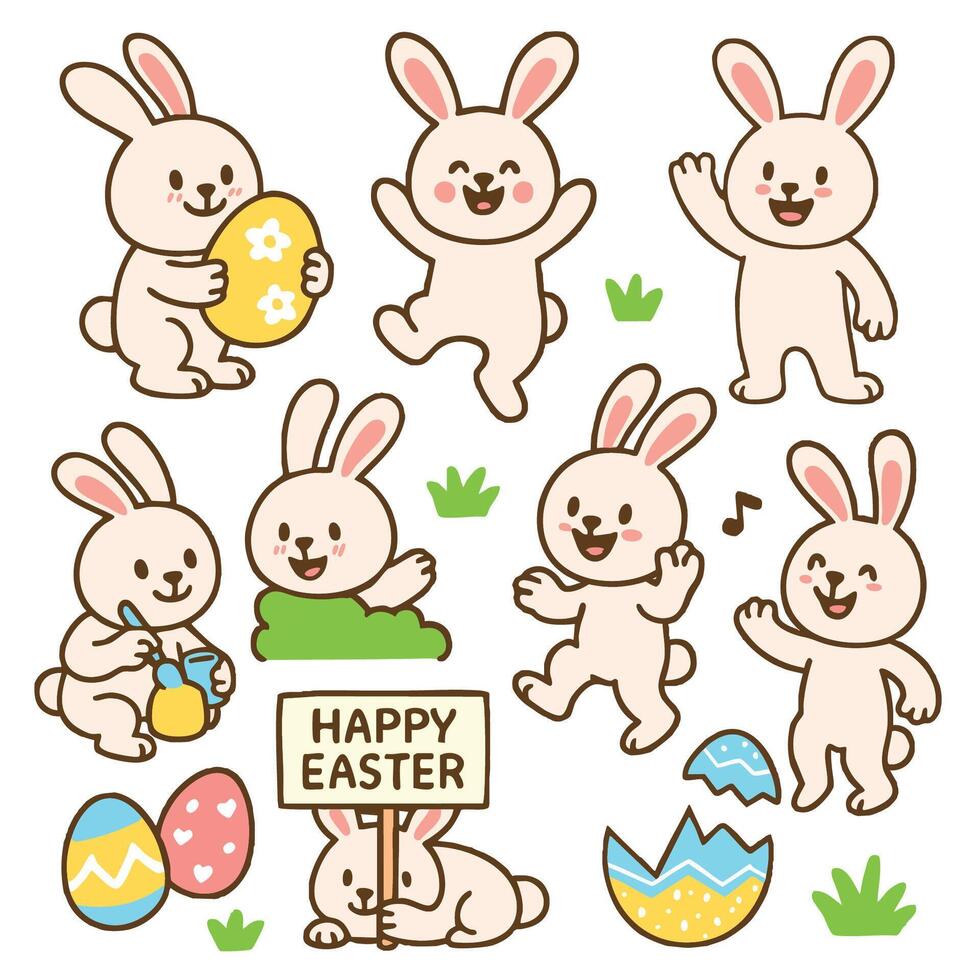 Cute bunnies celebrate Easter day with joy and playfulness. They hold colorful eggs and share smiles while spreading happiness during this festive occasion vector
