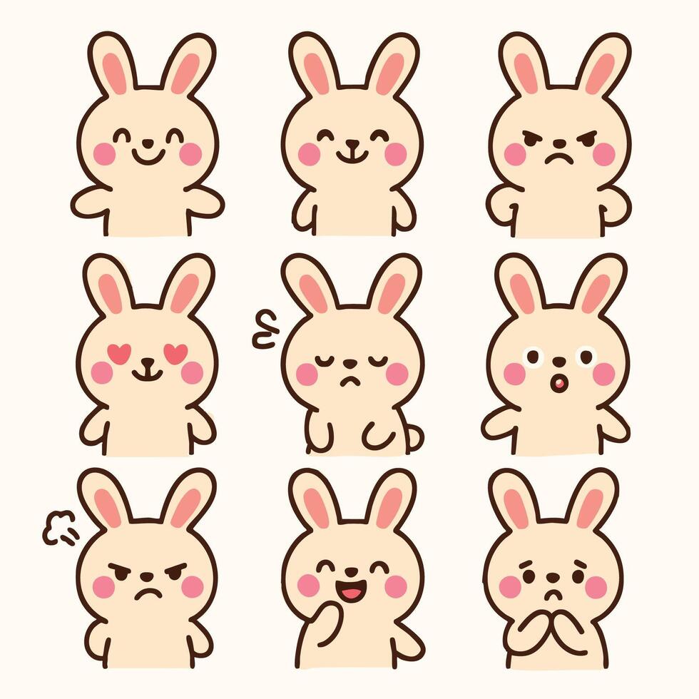 Cute cartoon rabbits display range of emotions including happiness, surprise, anger, and shyness. These adorable characters are perfect for celebrating Easter day with joy and fun vector