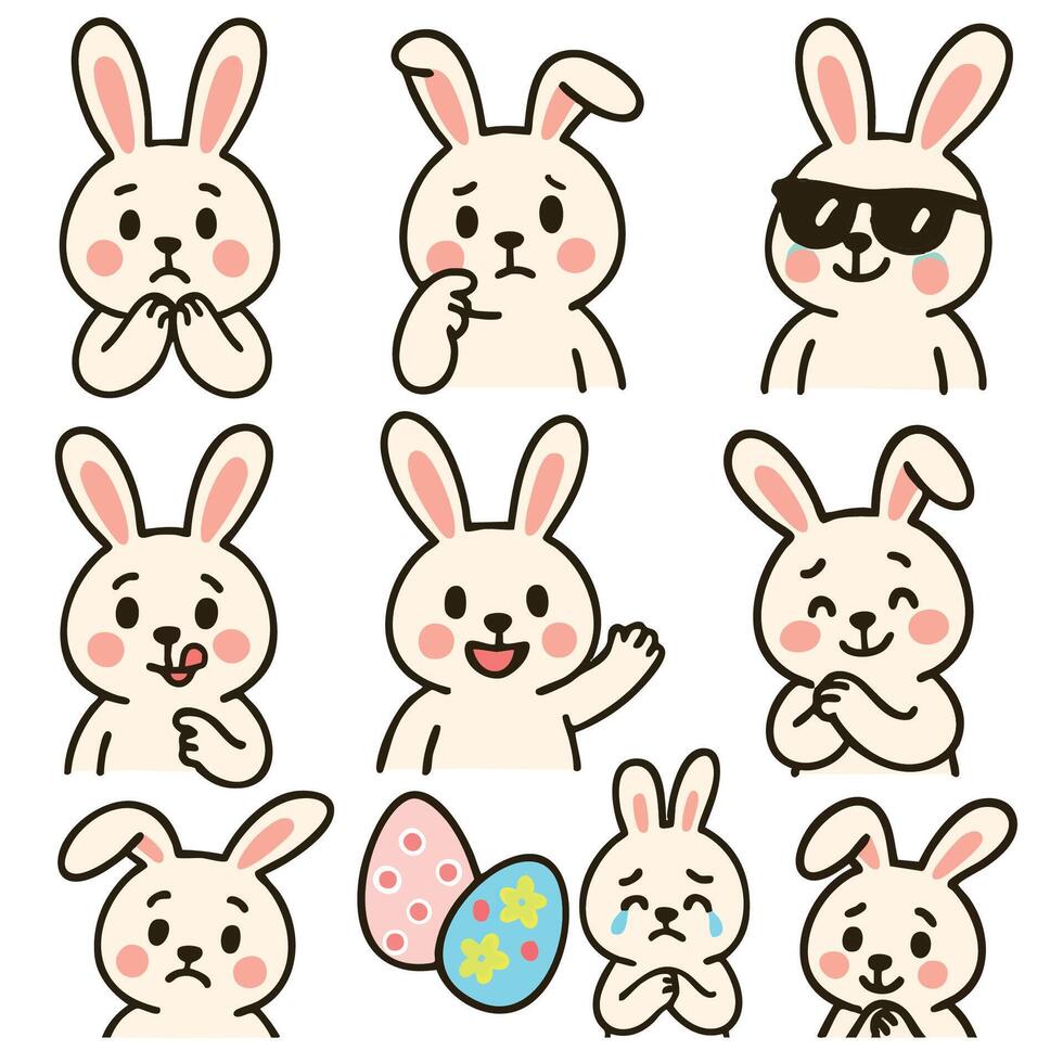 Cute and playful bunny characters express various emotions in this delightful illustration perfect for Easter celebrations. These charming bunnies bring joy to Easter day festivities vector