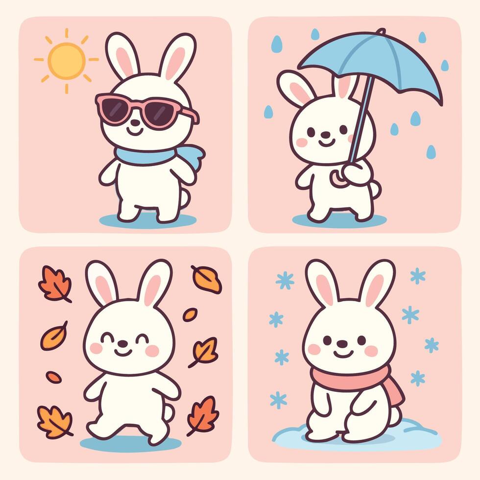 Cute bunnies celebrate joy of each season with sunglasses for sunny days, umbrellas for rain, playful leaves in autumn, and scarves in winter. Each bunny brings smile to every occasion vector