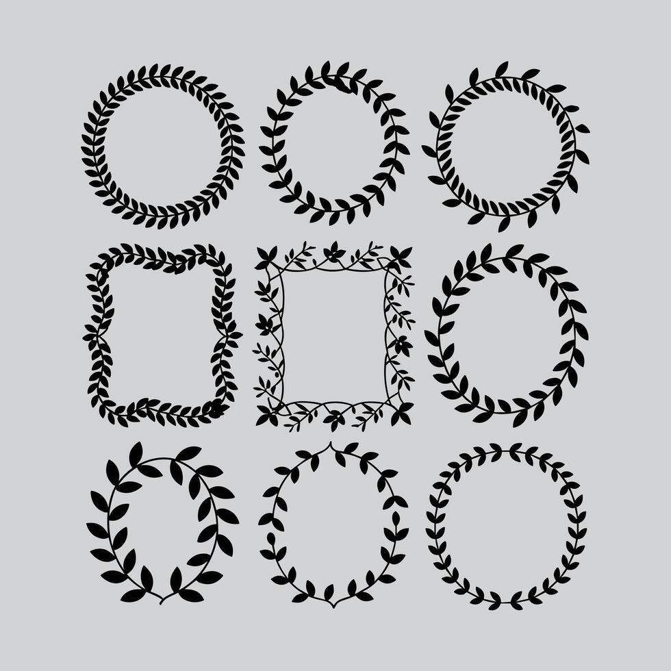 Set Of Black Floral Frames And Borders With Laurel Wreath Designs vector