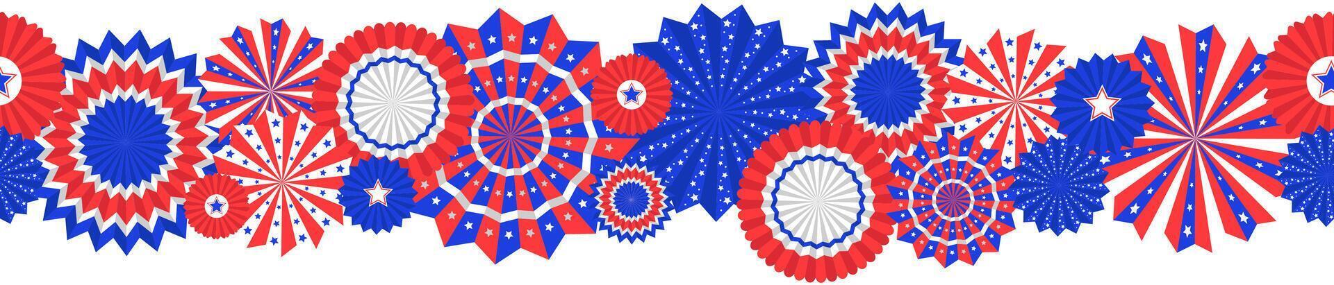 Seamless border with american flag ribbon rosettes. US flag bunting vector