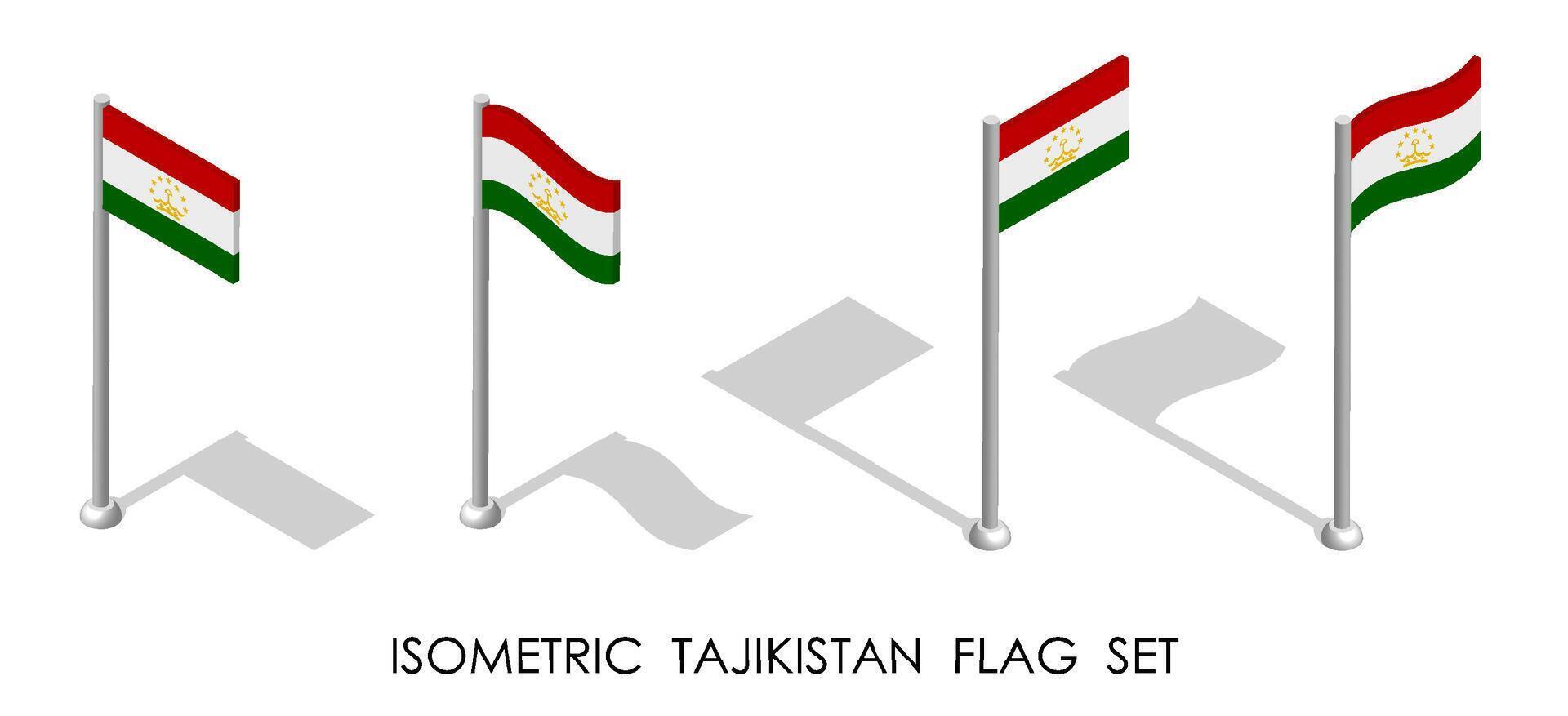 isometric flag of Republic of TAJIKISTAN in static position and in motion on flagpole. 3d image vector