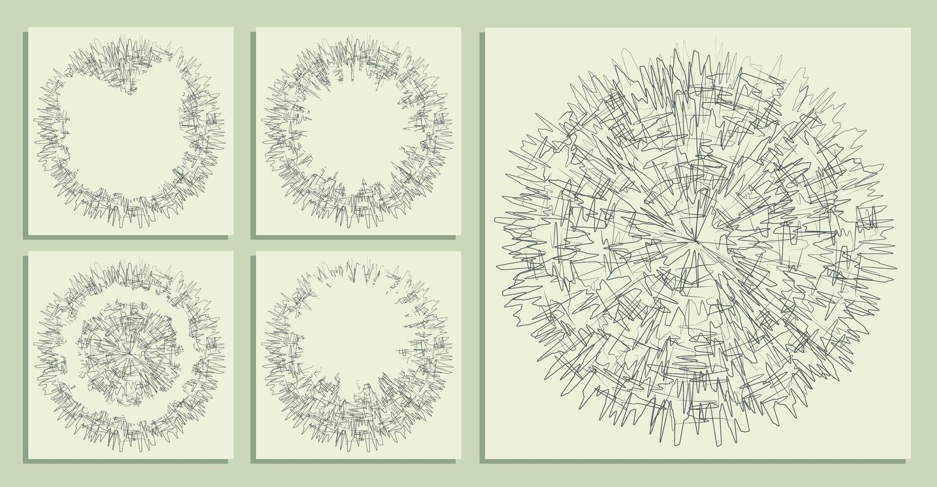 abstract round backgrounds of small hand drawn chaotic lines curves. Random children doodles of scribbles. Isolated image vector