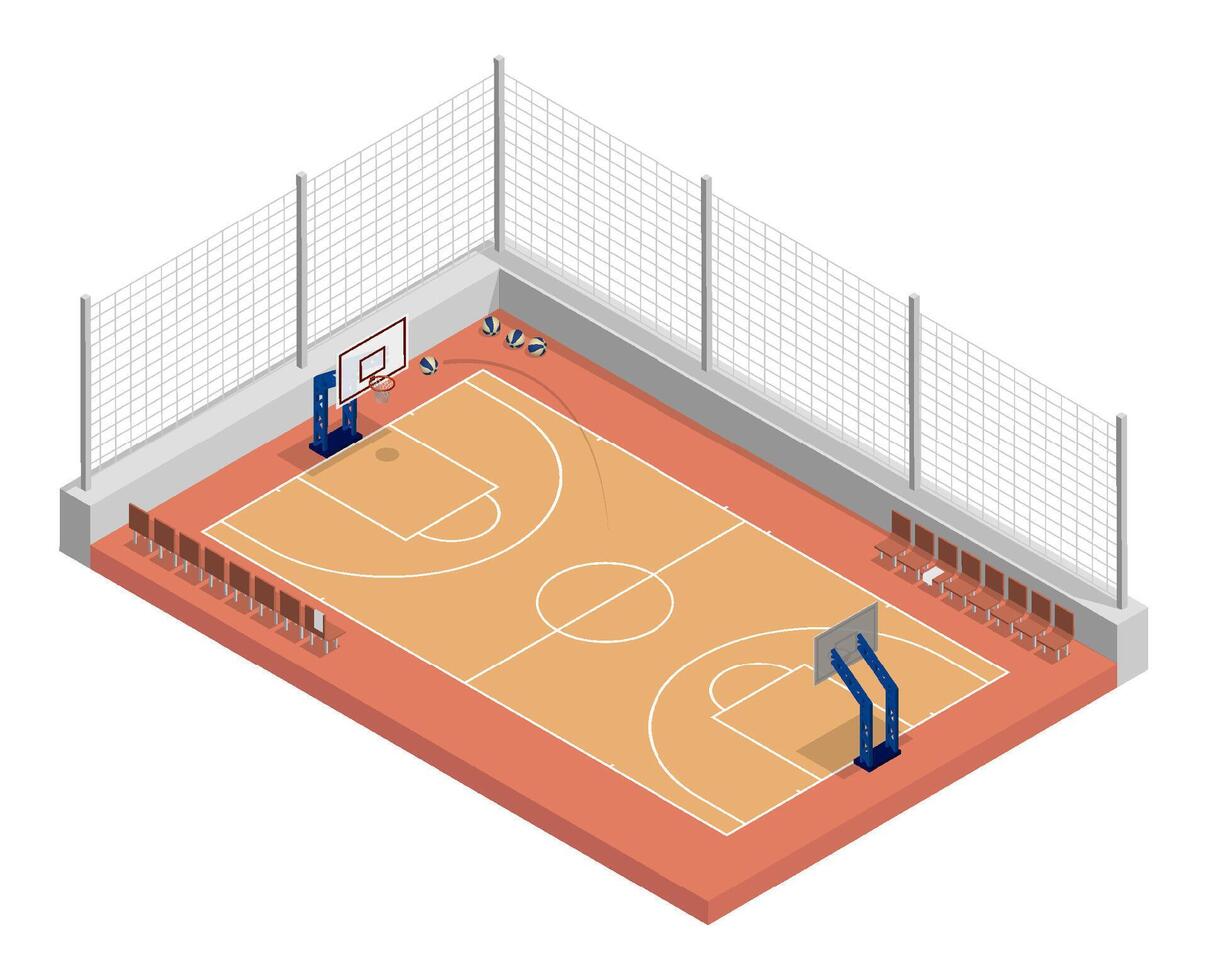 isometric basketball court with net, parquet floor and markings lines. Basketball playground top view. Sports ground for active recreation. Realistic 3d isolated on white back vector