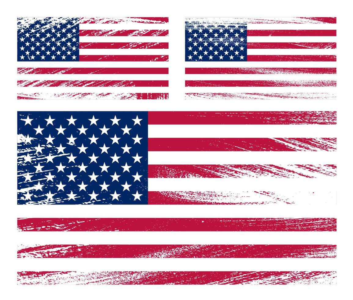 set of American flag chalk scratch paint grunge textures on white background. Texture of old poster back with us flag. image vector