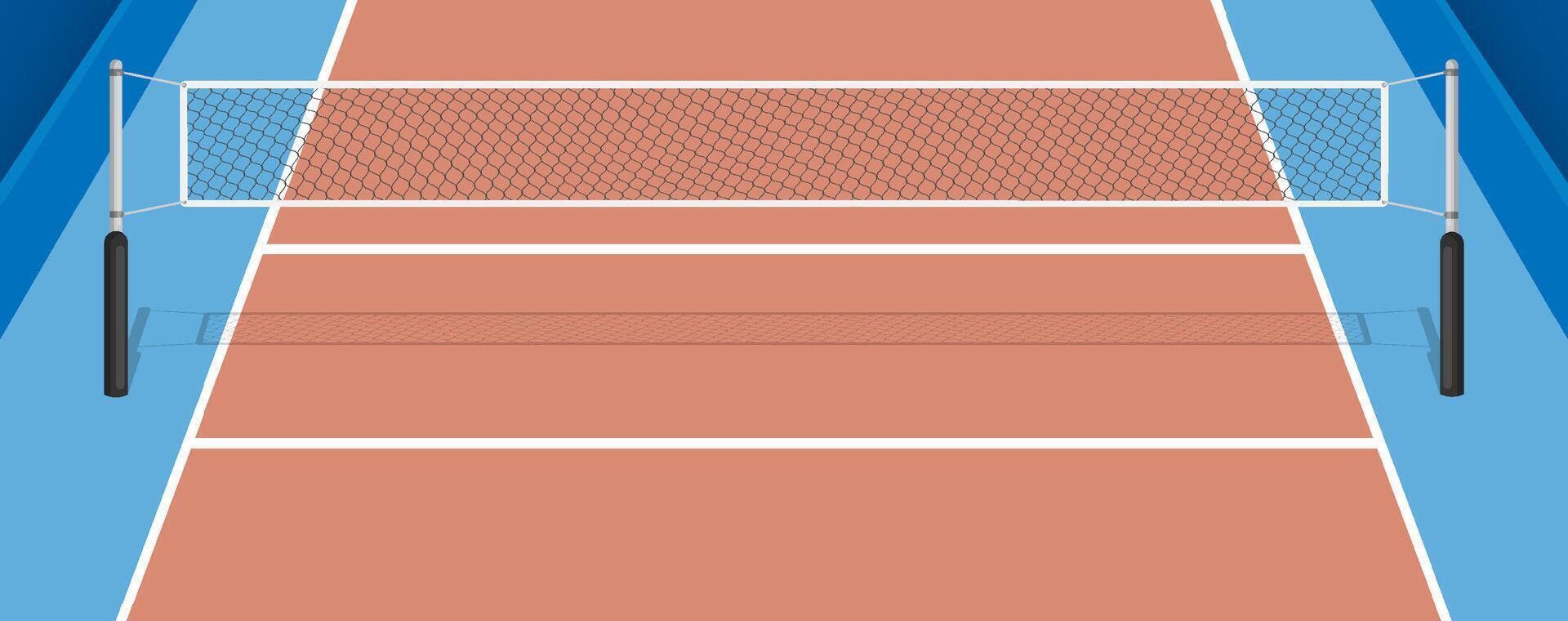 Volleyball court with net, parquet floor and markings lines. Volleyball playground top view. Sports ground for active recreation. vector