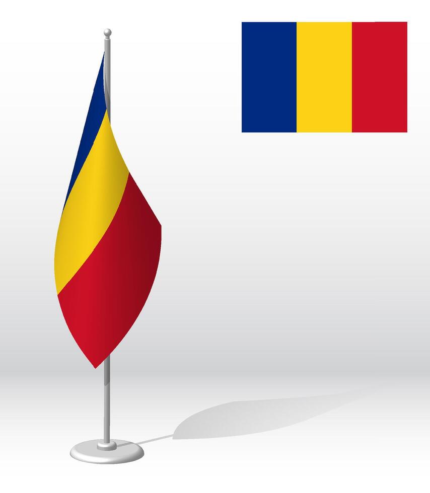 ROMANIA flag on flagpole for registration of solemn event, meeting foreign guests. National independence day of ROMANIA. Realistic 3D on white vector