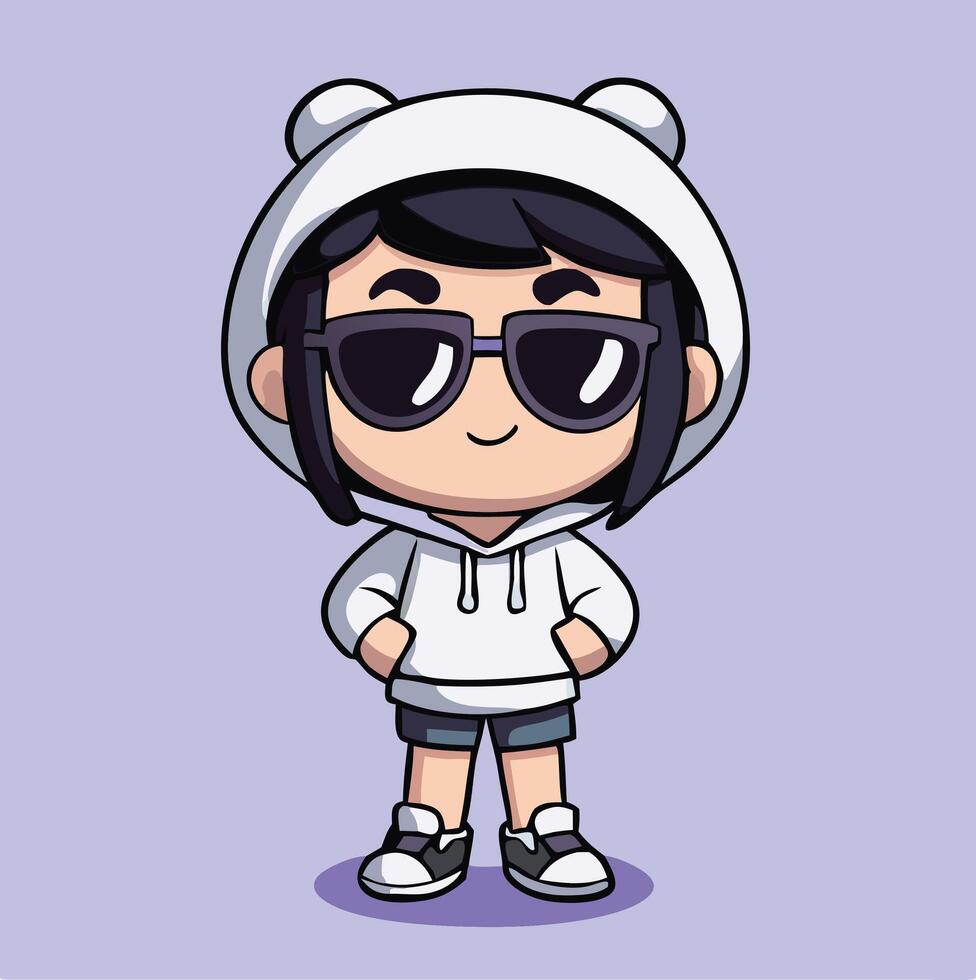 Cute Cartoon Character Wearing Sunglasses And Bear Hoodie Standing Confidently vector