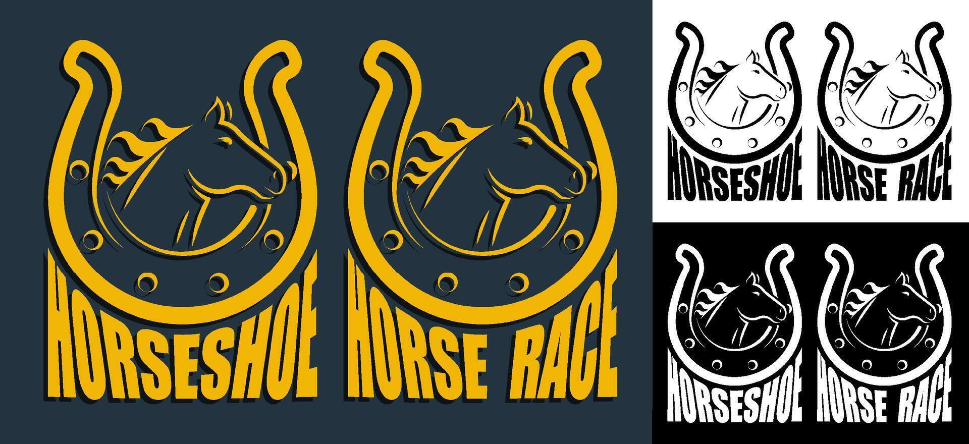 Silhouette of horse head on race against horseshoe background. Emblem of horse racing competition. image isolated on white background vector