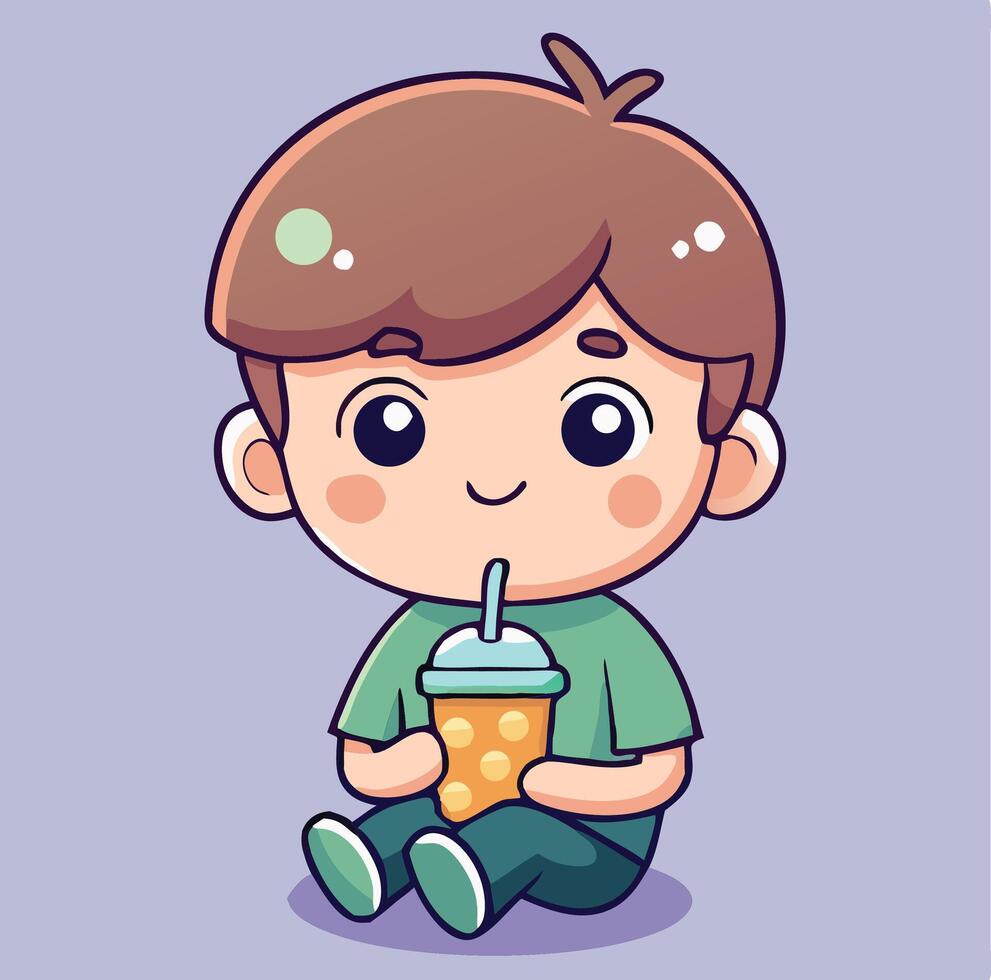 Cartoon Boy Enjoys Bubble Tea Illustration Graphic Art Design vector