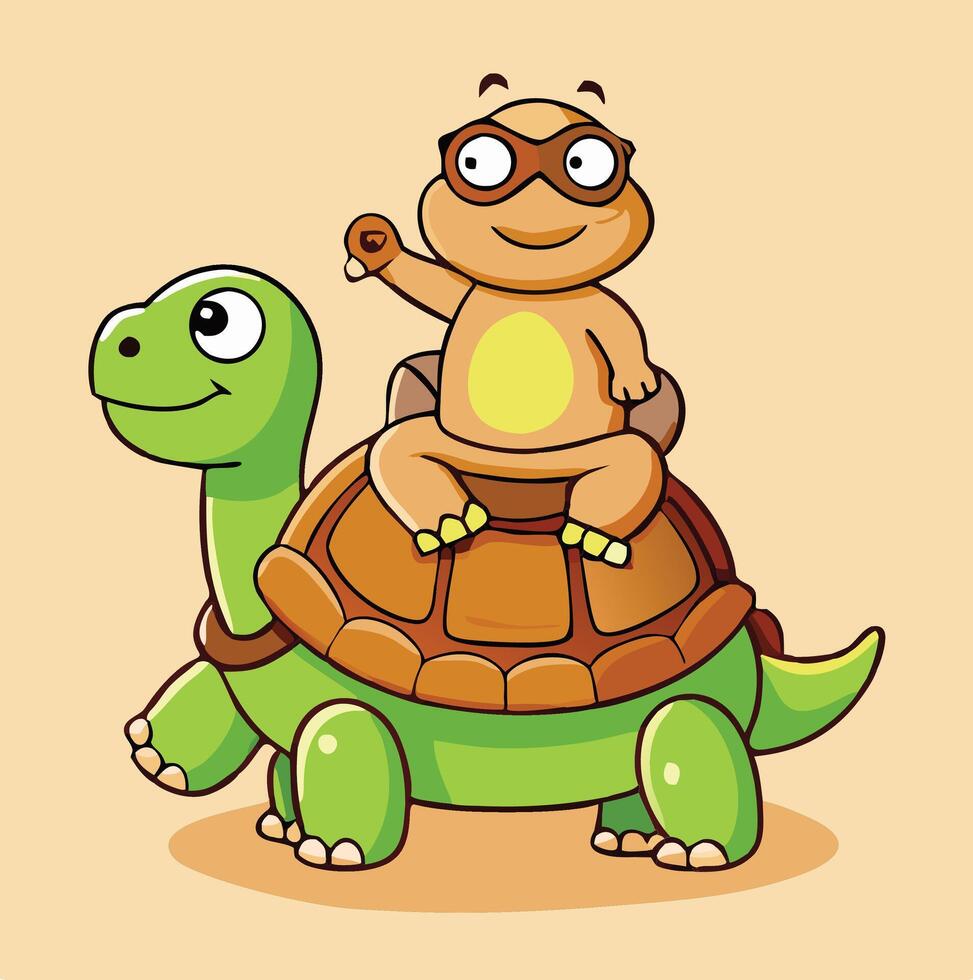 Cartoon Turtle With Friend Wearing Goggles Riding On Shell Illustration vector