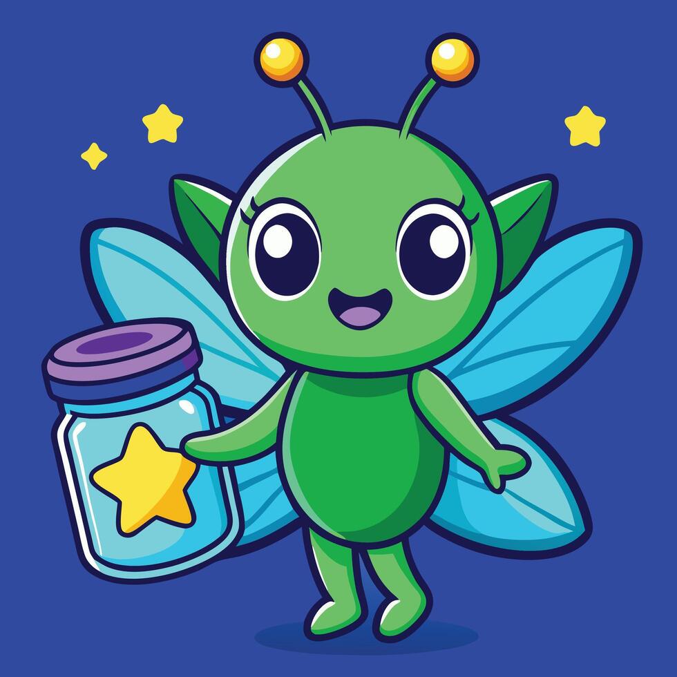 Cute Green Fairy Character Holding Jar Of Stars With Blue Background vector