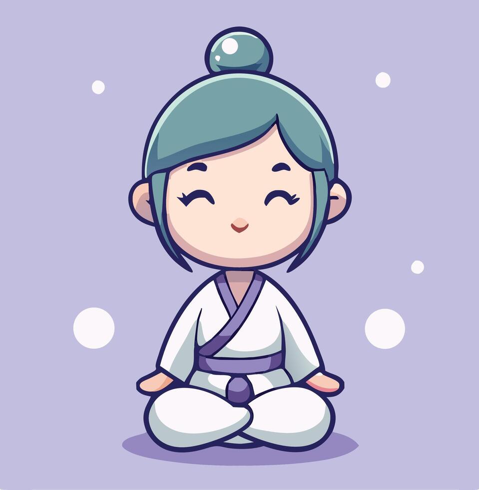 Cute Cartoon Girl Meditating In Lotus Position Wearing A Karate Gi vector