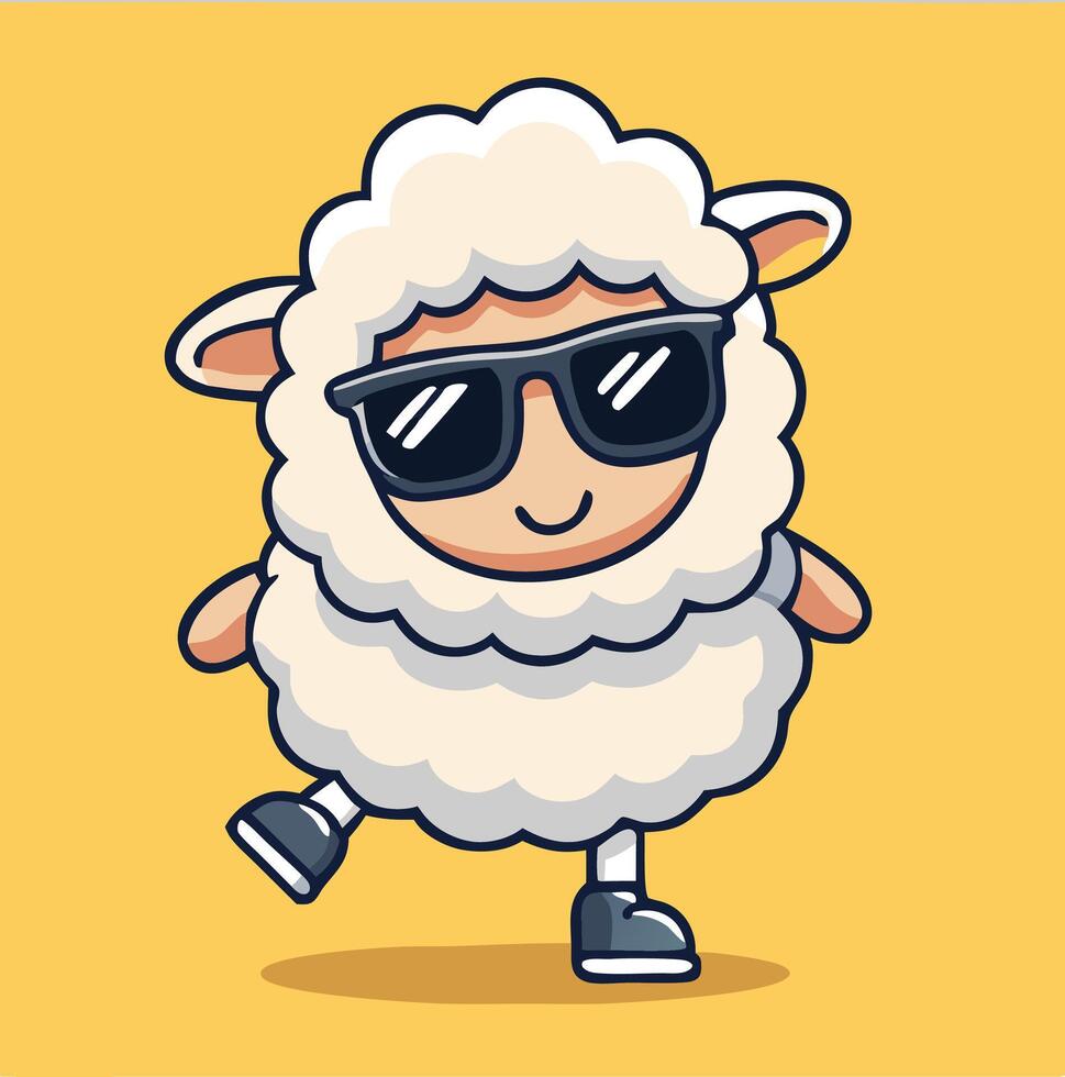 Cartoon Sheep With Sunglasses And A Happy Expression Standing On Yellow Background vector