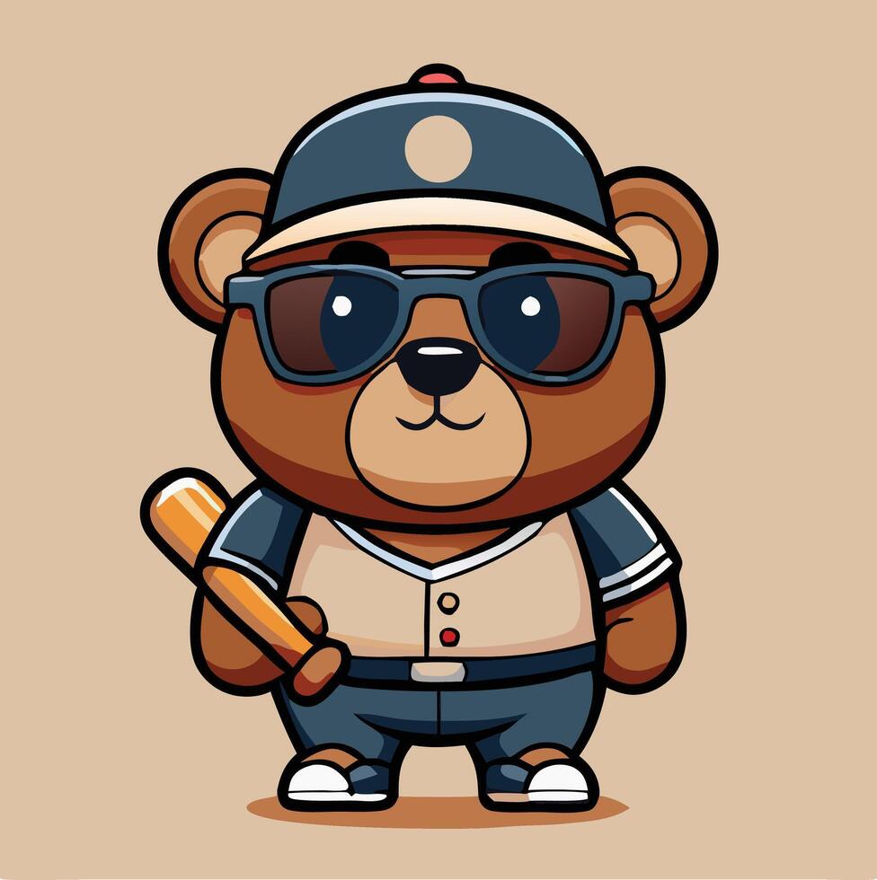 Baseball Playing Cartoon Bear With Baseball Bat Isolated On Light Brown Background vector