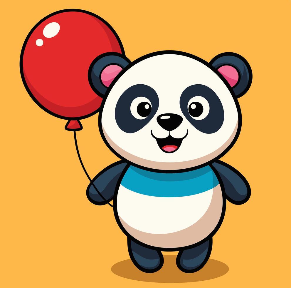 Cute Panda Bear Illustration Holding A Red Balloon On Yellow Background vector