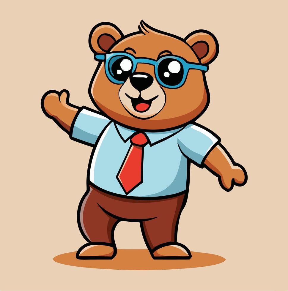 Cartoon Bear Character Illustration Wearing Glasses And Formal Clothes Waving Hand vector