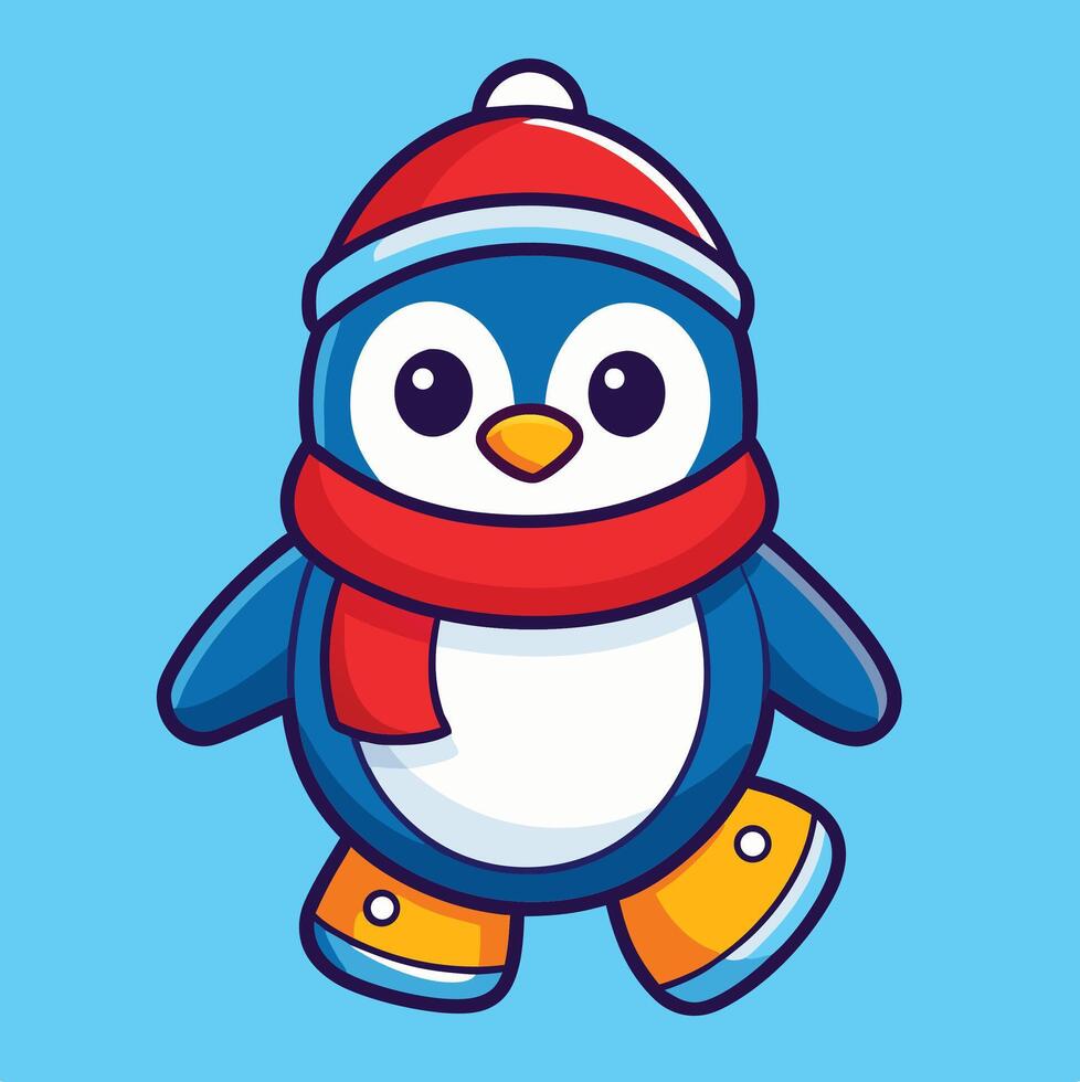 Cute Penguin Character Wearing Winter Clothes Walking On A Blue Background vector