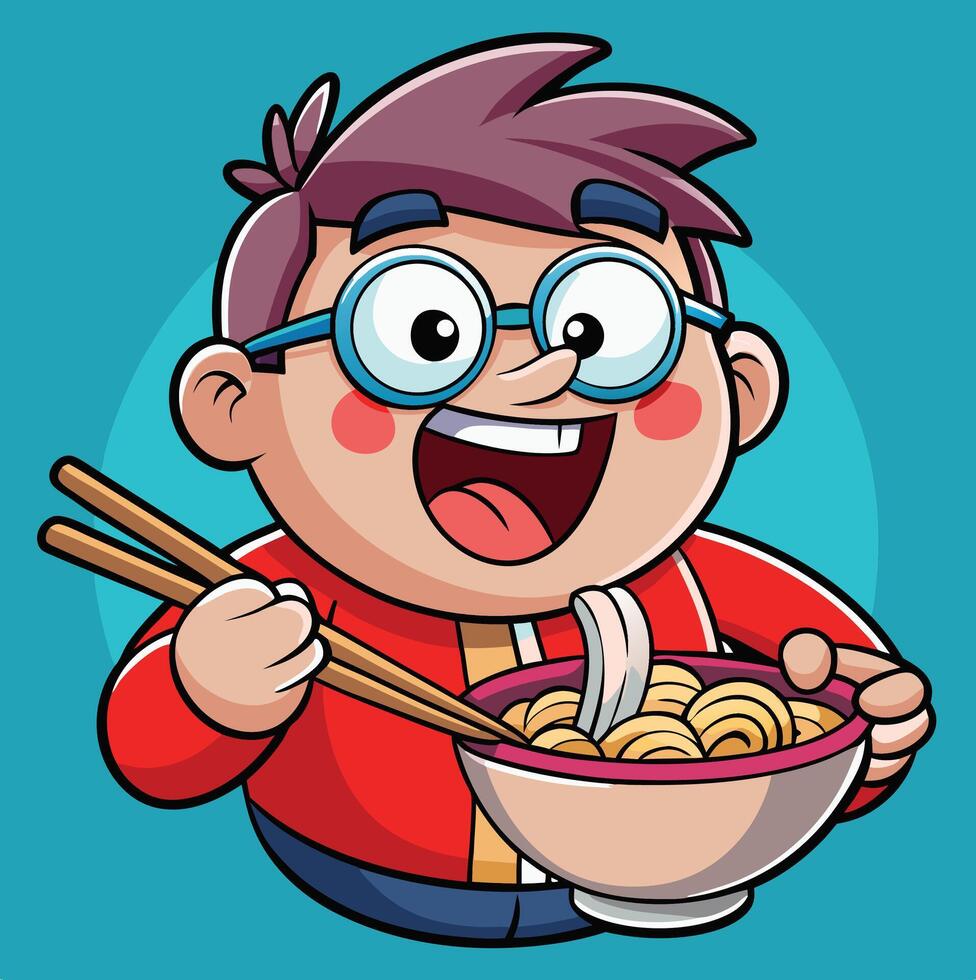 Cartoon Boy With Glasses Eating Ramen Noodles With Chopsticks Smiling vector