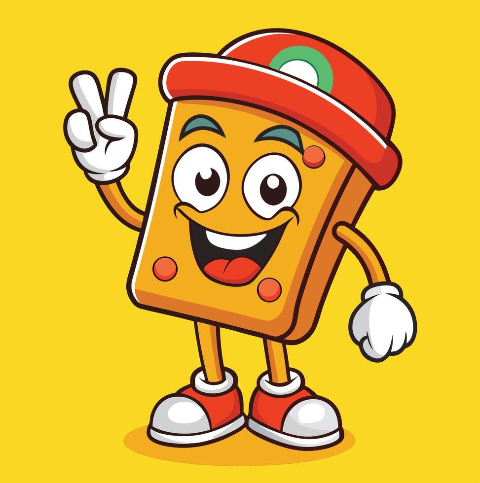 Cartoon Character Wearing Hat And Shoes Gesturing Peace On Yellow Background vector