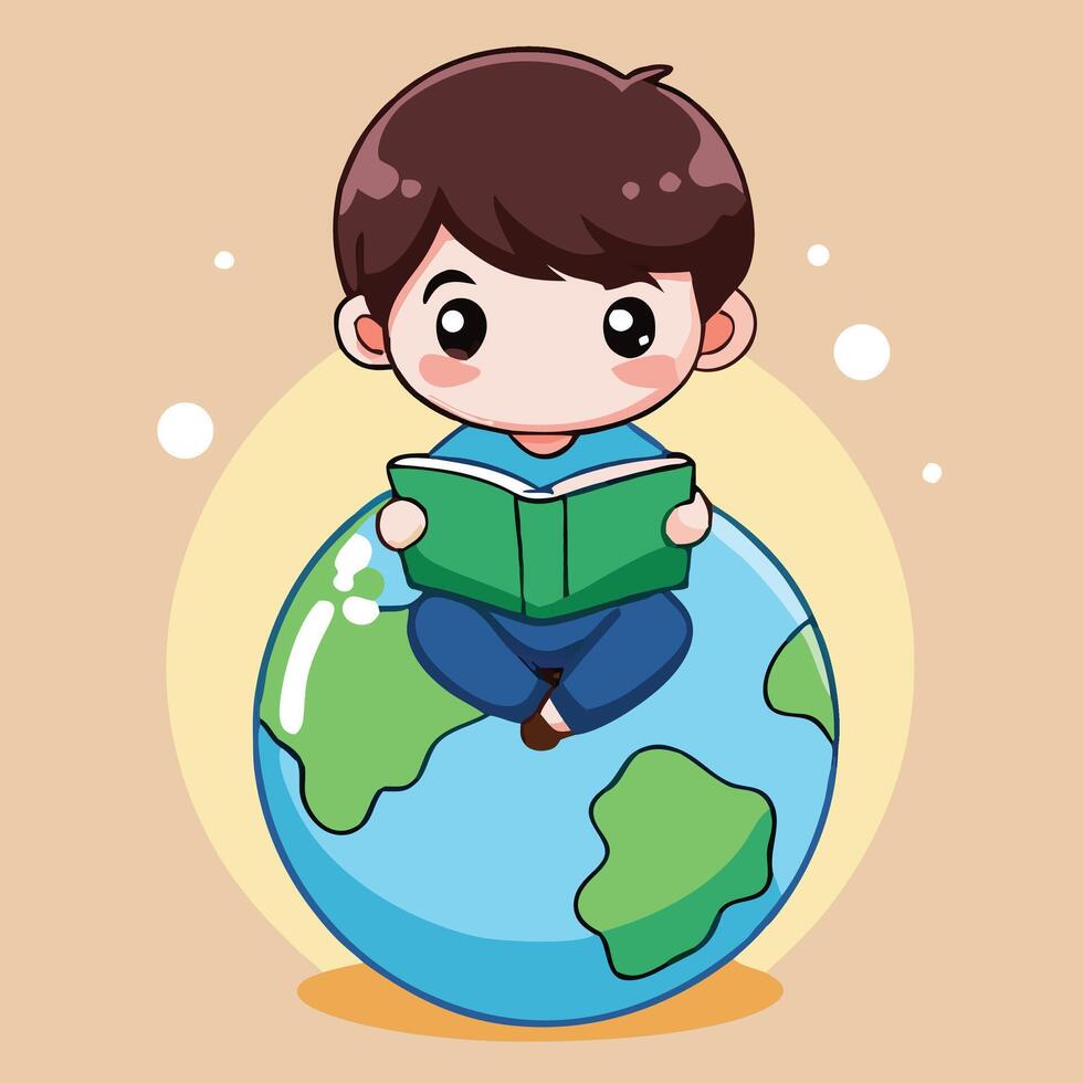 Cute Cartoon Boy Reading Book While Sitting On Globe Illustration vector