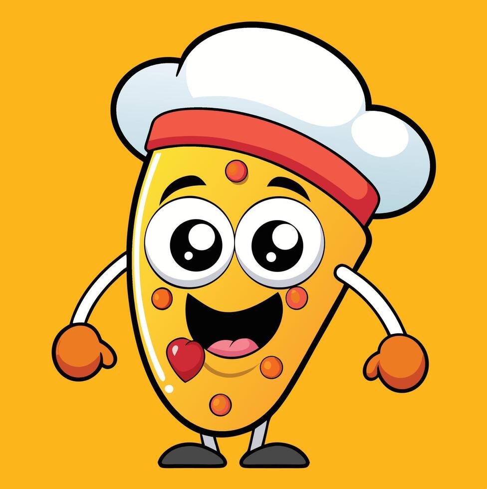 Cartoon Cute Pizza Chef Mascot Character With A Heart On Yellow Background vector