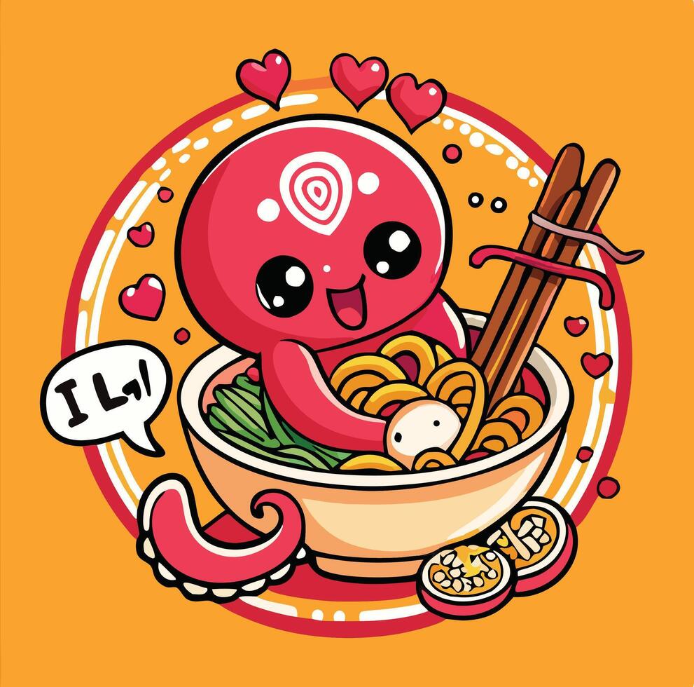Kawaii Octopus Enjoying Ramen Noodle Bowl With Love And Happiness vector