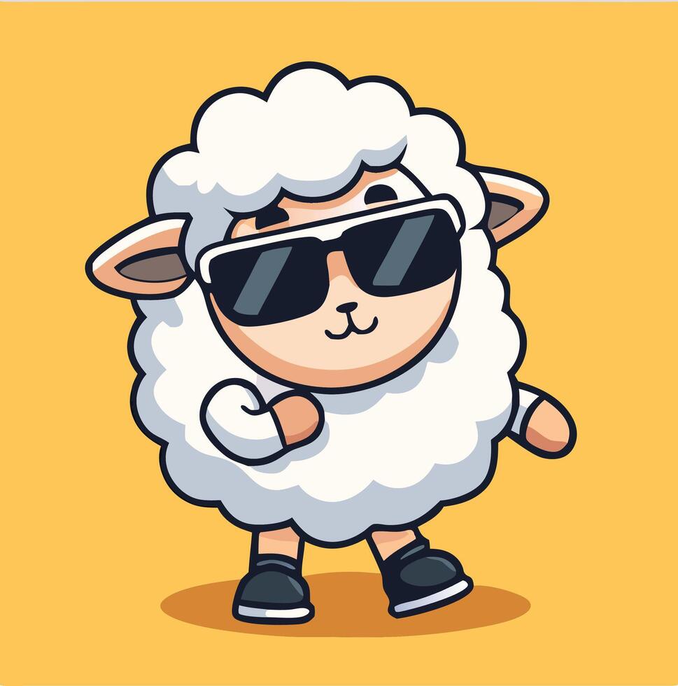Cool Cartoon Sheep With Sunglasses Standing On A Yellow Background Illustration vector