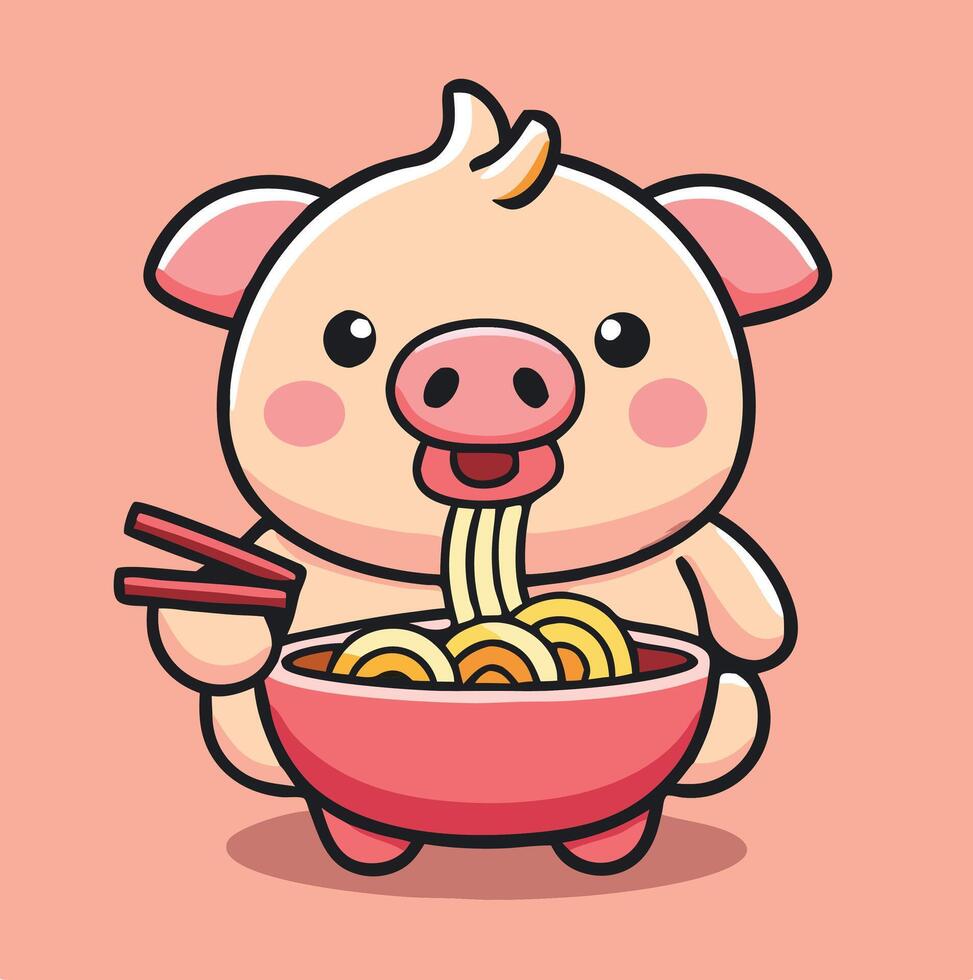 Adorable Pig Cartoon Character Enjoying A Bowl Of Ramen Noodles With Chopsticks vector