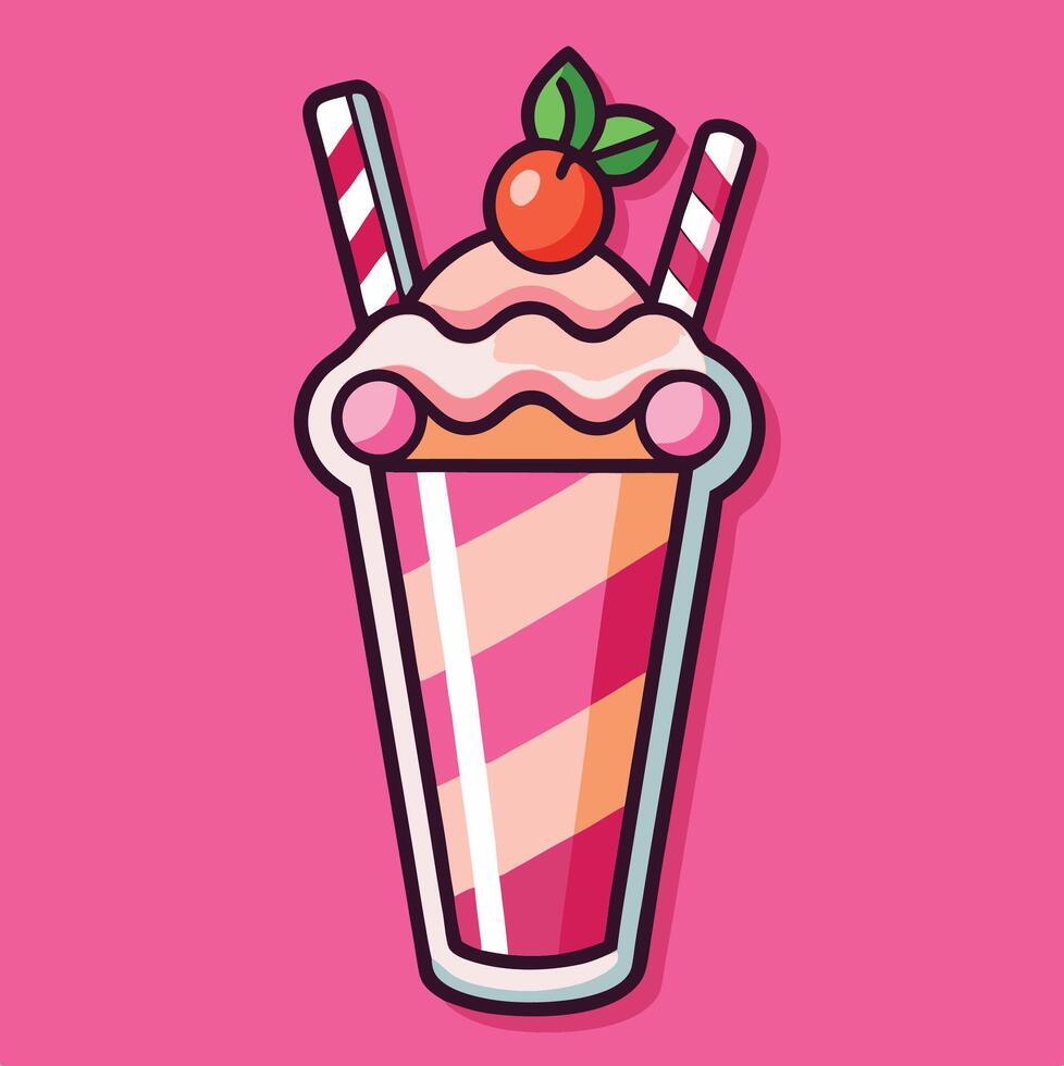 Cartoon Milkshake With Straws And Cherry On A Pink Background Illustration vector