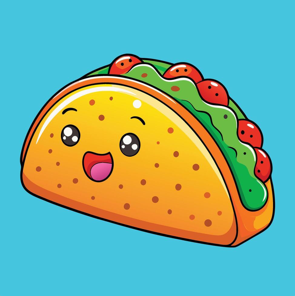 Cute Cartoon Taco Illustration With Smiling Face And Colorful Fillings On Blue Background vector