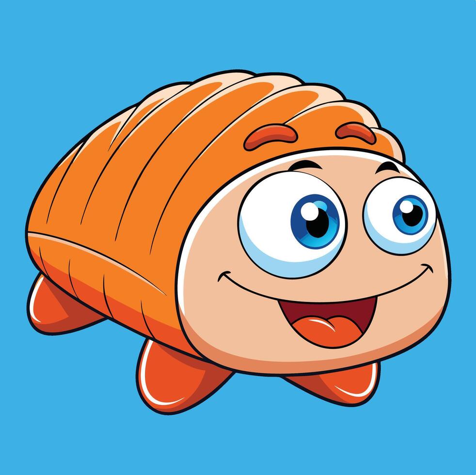 Cartoon Character Inspired By Salmon Sushi With Googly Eyes On Blue Background vector